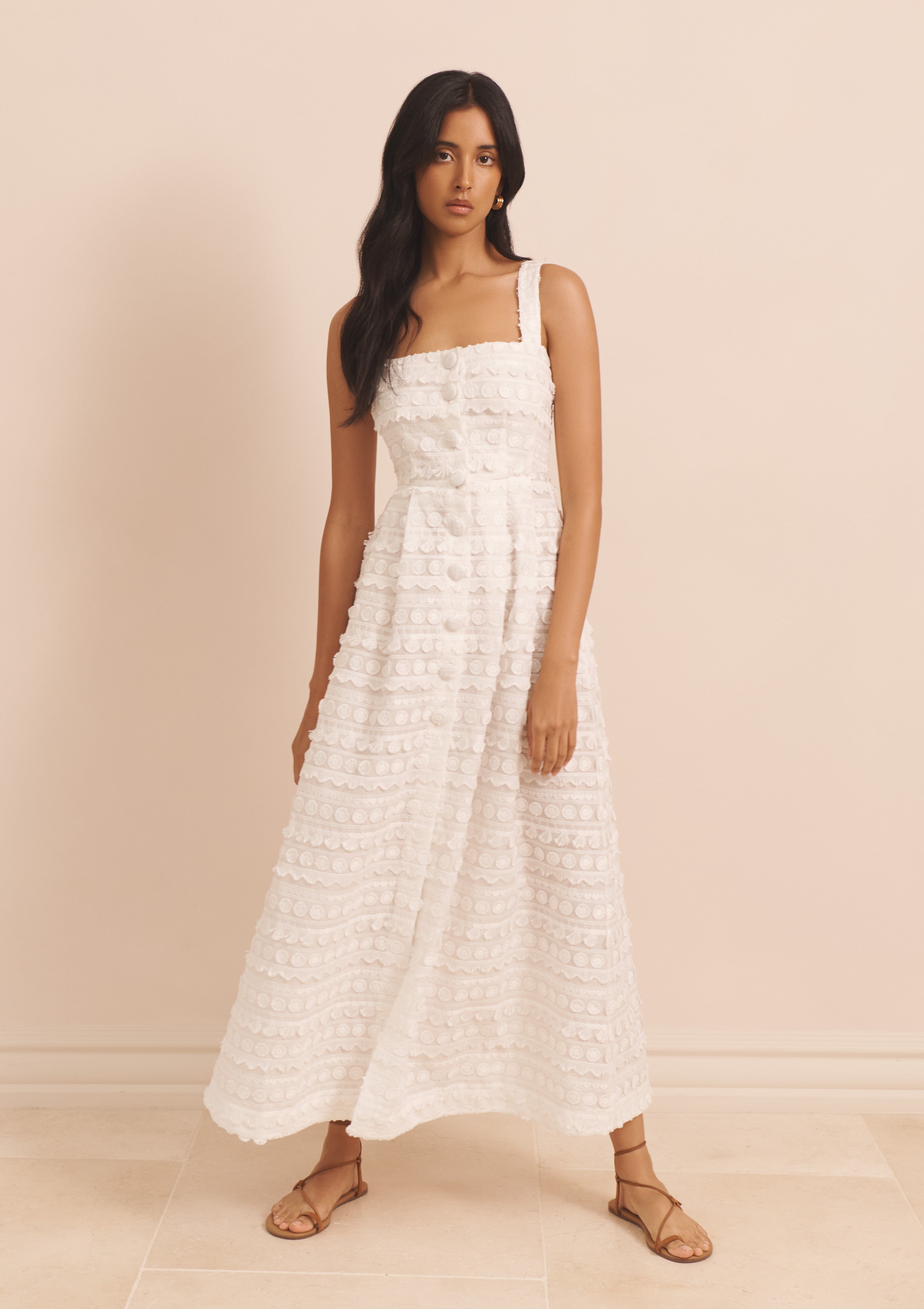 ARLA DRESS IN SOFT WHITE FRINGE TEXTILE - LIMITED PRE-ORDER