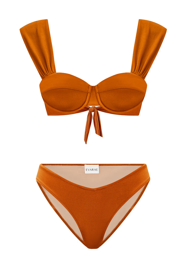 Orange cupped bra bikini top with wide straps and orange bikini bottoms