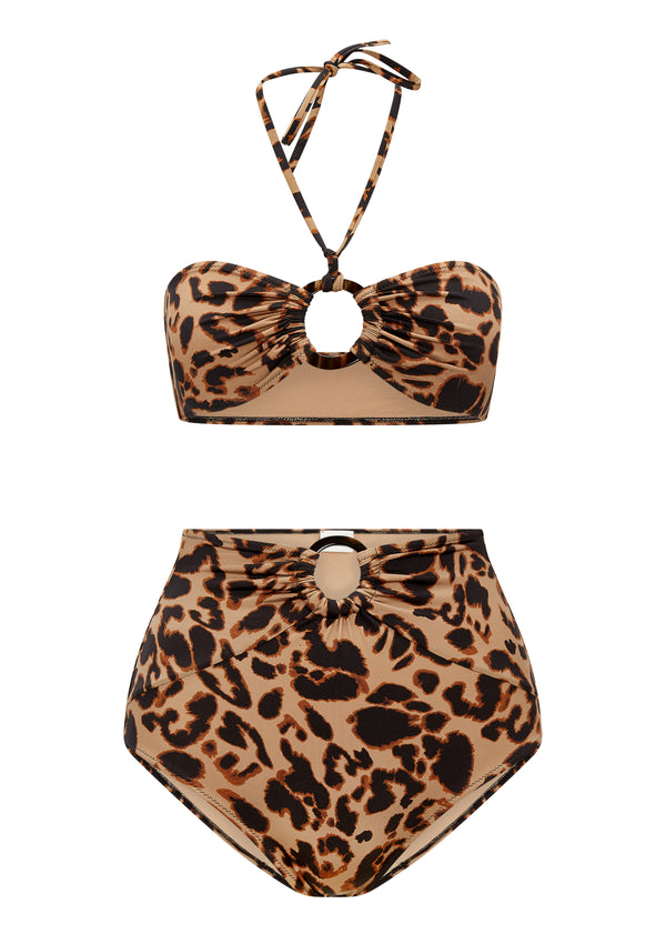 Leopard pattern bandeau halter neck bikini top with matching high waisted bikini bottom